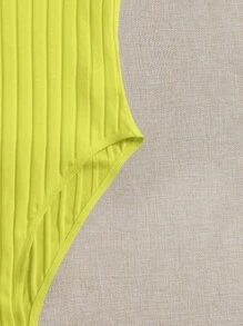 SHEIN EZwear Solid Ribbed Knit V Neck Bodysuit For Summer - Yellow - View 4