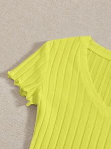 SHEIN EZwear Solid Ribbed Knit V Neck Bodysuit For Summer - Yellow - View 5