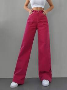 RueChic Solid Wide Leg Jeans - Hot Pink - View 3