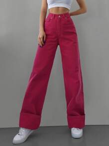 RueChic Solid Wide Leg Jeans - Hot Pink - View 4