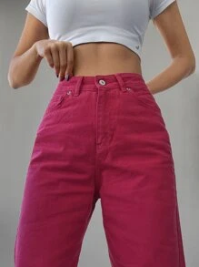 RueChic Solid Wide Leg Jeans - Hot Pink - View 5