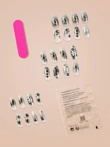 Elevate Your Style with 24pcs Long Coffin Steel Ball Black Smudge Chinese Character Pattern Fake Nail & 1pc Nail File & 1sheet Tape - Black - View 2