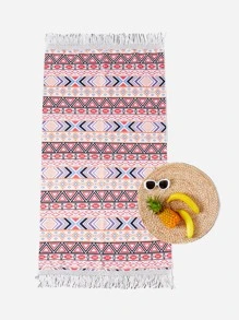 Geo Print Fringe Trim Beach Blanket - Multicolor - View 1