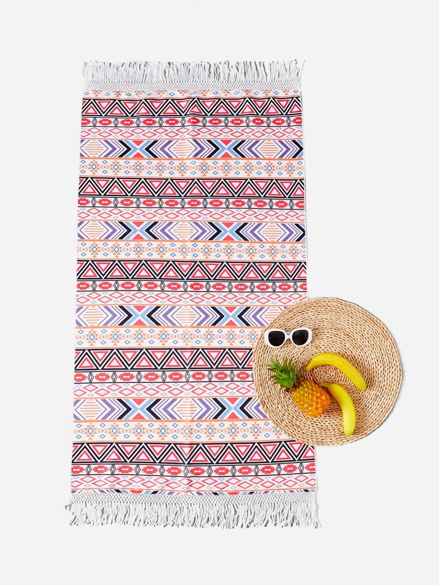 Geo Print Fringe Trim Beach Blanket - Multicolor - View 1