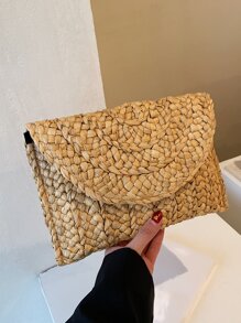 時尚夏季沙灘草編手拿包，簡約百搭，適用於度假和購物 - 卡其色 - 查看 1