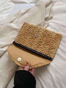 時尚夏季沙灘草編手拿包，簡約百搭，適用於度假和購物 - 卡其色 - 查看 4