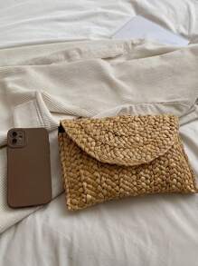 時尚夏季沙灘草編手拿包，簡約百搭，適用於度假和購物 - 卡其色 - 查看 6