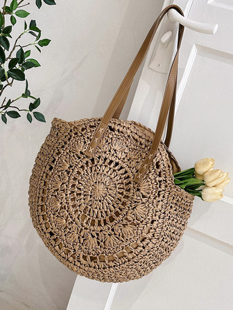 輕便，便攜式鏤空草包，非常適合夏季海灘旅行度假，適合青少年女孩女大學生，非常適合學校、戶外、旅行、郊遊、度假