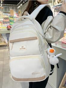 Letter Patch Decor Functional Backpack With Bag Charm - Beige - View 1