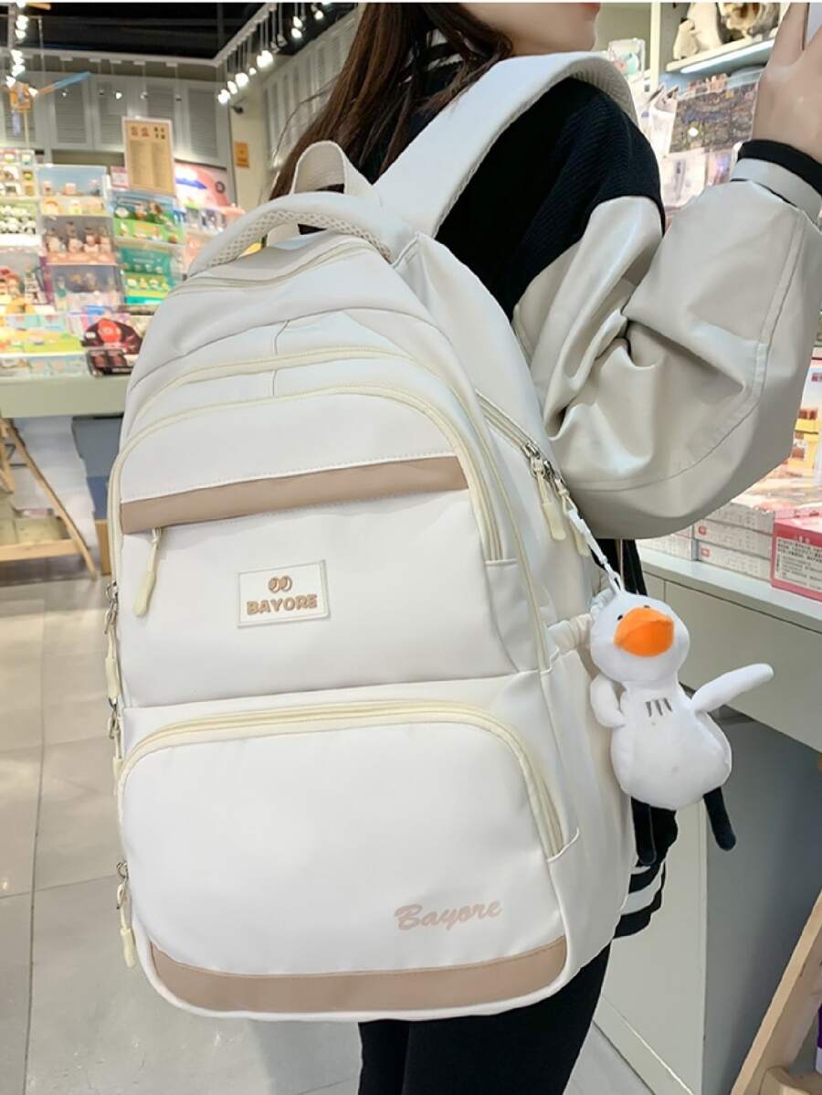 Letter Patch Decor Functional Backpack With Bag Charm - Beige - View 1