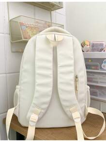 Letter Patch Decor Functional Backpack With Bag Charm - Beige - View 2