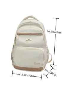 Letter Patch Decor Functional Backpack With Bag Charm - Beige - View 3