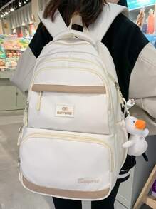 Letter Patch Decor Functional Backpack With Bag Charm - Beige - View 5
