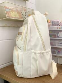 Letter Patch Decor Functional Backpack With Bag Charm - Beige - View 6