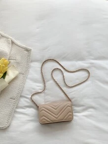 1 件时尚纯色绗缝链条单肩包，带扣封口，迷你方形包适合购物、拍照、度假、礼物 - 卡其色 - 查看 3