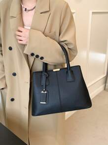 荔枝紋壓花手提托特包 - 黑色 - 查看 2