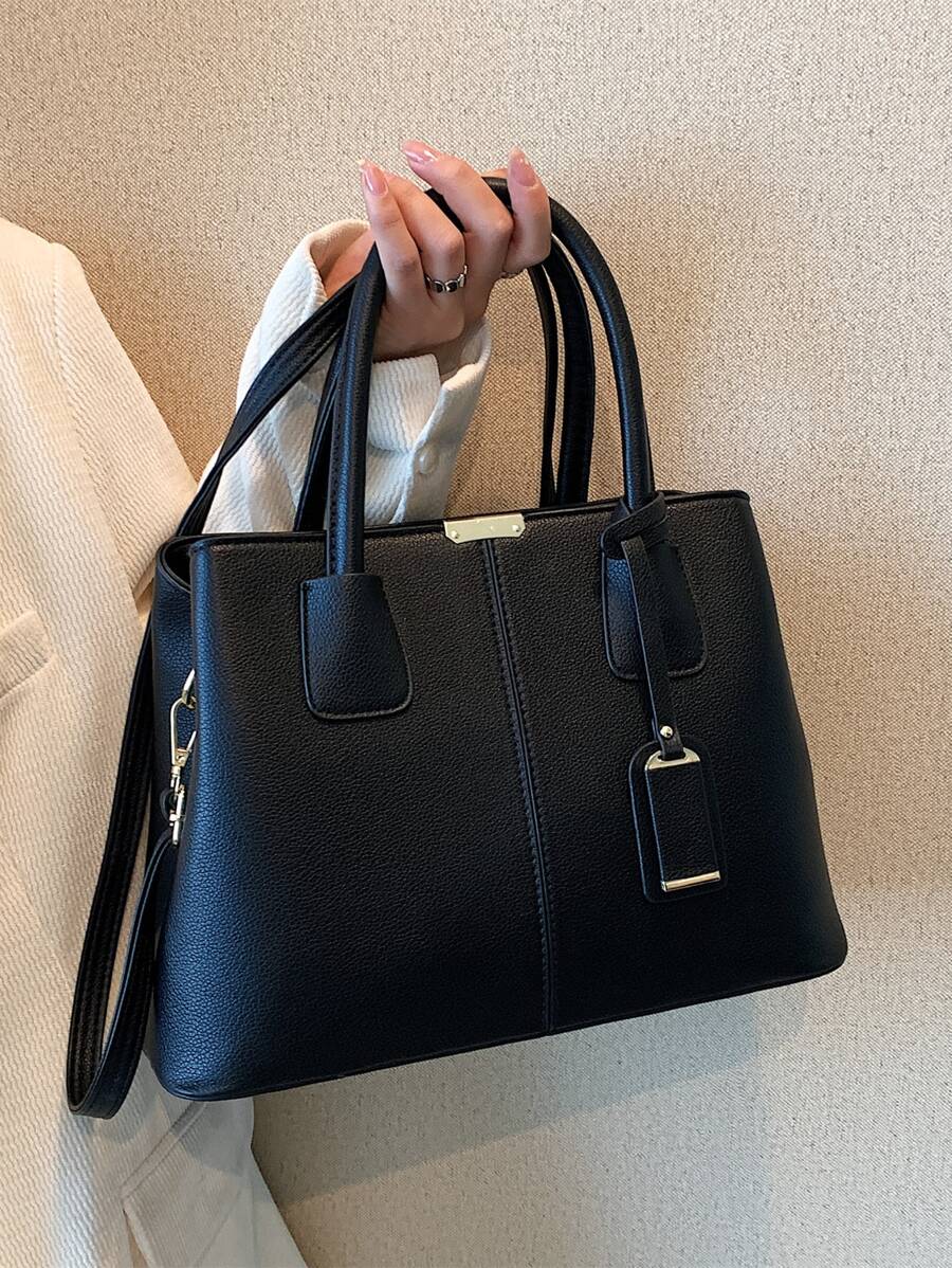 荔枝紋壓花手提托特包 - 黑色 - 查看 1