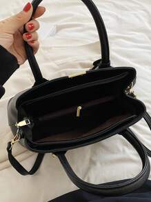 荔枝紋壓花手提托特包 - 黑色 - 查看 6