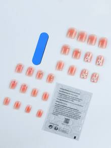 提升你風格帶24入組短方形腮紅兔子水鑽金蔥粉漸層假指甲和1入組指甲銼和1片指甲膠帶 - 彩色 - 查看 2