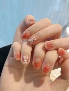 提升你風格帶24入組短方形腮紅兔子水鑽金蔥粉漸層假指甲和1入組指甲銼和1片指甲膠帶 - 彩色 - 查看 4