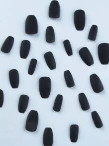 Get Glamorous With 24pcs Short Square Black Solid Matte Plain Fake Nail & 1sheet Tape & 1pc Nail File Press On Nails Nail Supplies - Black - View 3