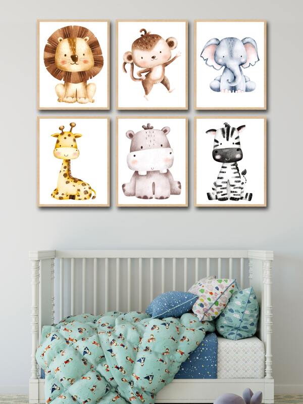 6pcs/Set Cartoon Animal Pattern Unframed Painting, Polyester Wall Art Painting For Home Wall Decor,Canvas,Poster