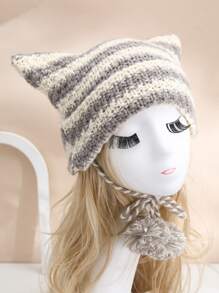 Máy Tính Nữ Ngựa Vằn Sọc Phong Cách Dễ Thương Bò Với Tùy Chọn Quả Pom-Poms & Tai Đứng Và Dây Rút mũ Len Dệt Kim Giữ Ấm - Nhiều màu - Xem 12