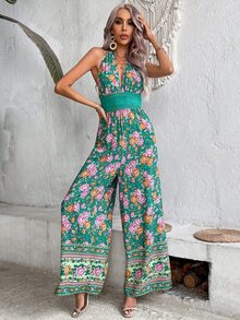 SHEIN VCAY Floral Print Tie Backless Wide Leg Halter Jumpsuit - Green - View 5