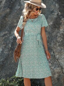 SHEIN Holidaya Ditsy Floral Print Belted Dress - Mint Green - View 3