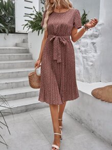 SHEIN Holidaya Ditsy Floral Print Belted Dress - Multicolor - View 2