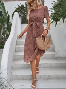 SHEIN Holidaya Ditsy Floral Print Belted Dress - Multicolor - View 4