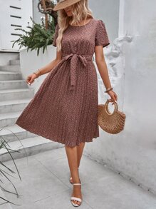 SHEIN Holidaya Ditsy Floral Print Belted Dress - Multicolor - View 5