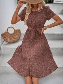 SHEIN Holidaya Ditsy Floral Print Belted Dress - Multicolor - View 1