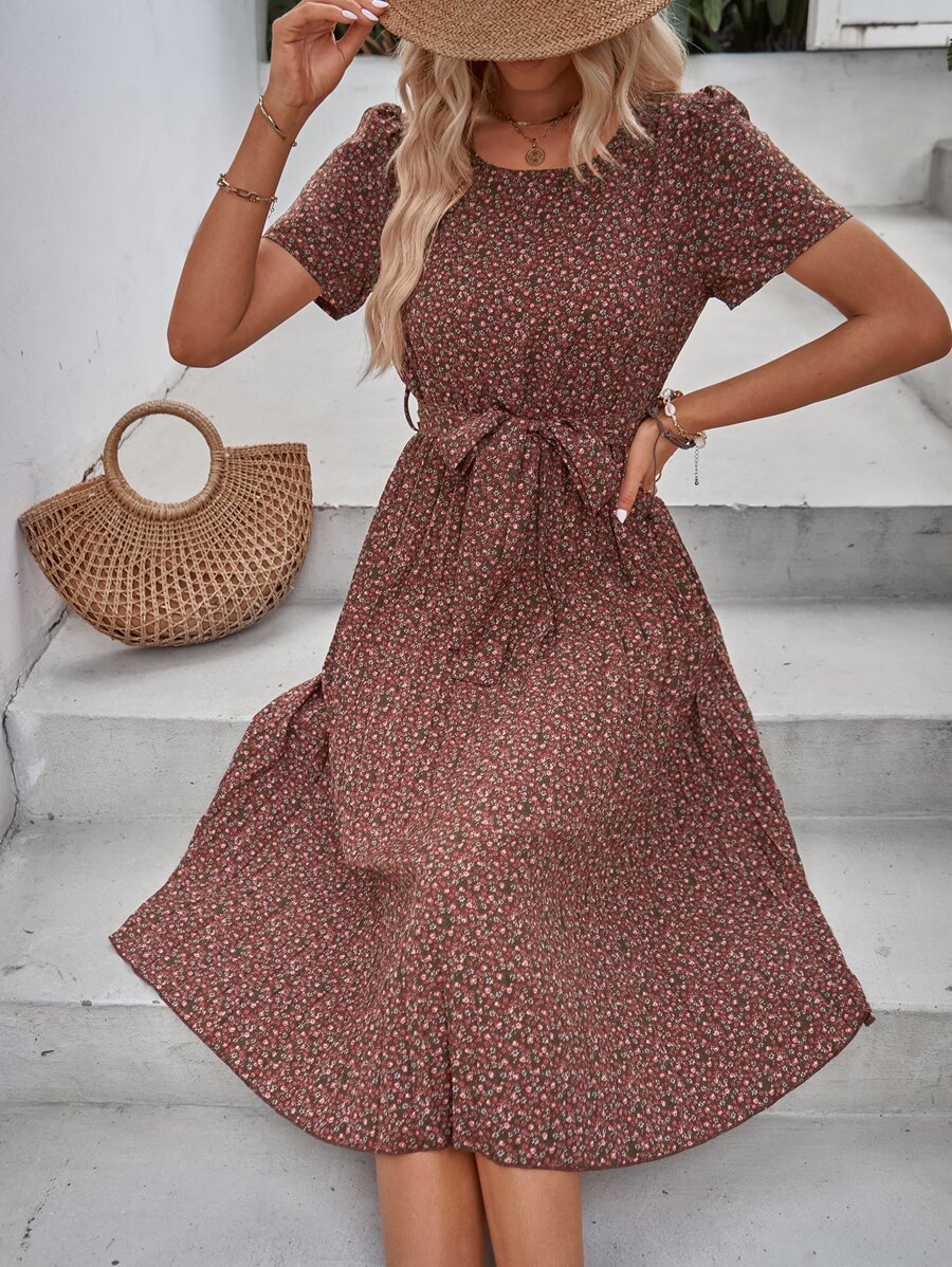 SHEIN Holidaya Ditsy Floral Print Belted Dress - Multicolor - View 1