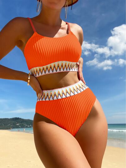 Summer Beach Ribbed Bikini Set Contrast Tape Wireless Top & High Waist Bikini Bottom 2 Pieces Bikini, Bathing Suit