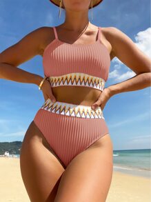 Swim Vcay 女款夏季海灘波浪條紋休閒比基尼泳衣套裝 - 藕粉色 - 查看 4