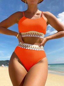 SHEIN Swim Summer Beach Ribbed Bikini Set Contrast Tape Wireless Top & High Waist Bikini Bottom 2 Pieces Bikini, Bathing Suit