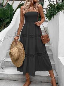 SHEIN VCAY Guipure Lace Insert Ruffle Hem Tube Dress - Black - View 3