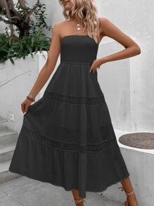 SHEIN VCAY Guipure Lace Insert Ruffle Hem Tube Dress - Black - View 6