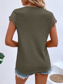 SHEIN LUNE 蕾絲拼接華夫格編織T恤 - 軍綠色 - 查看 2