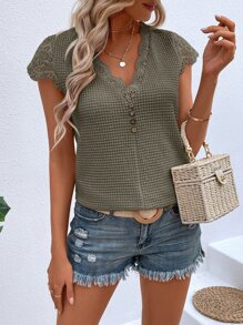 SHEIN LUNE 蕾絲拼接華夫格編織T恤 - 軍綠色 - 查看 5