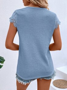 SHEIN LUNE 蕾絲拼接華夫格編織T恤