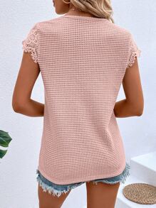 SHEIN VCAY Contrast Lace Waffle Knit Scallop Trim Tee - Pink - View 2