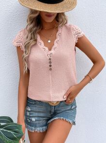 SHEIN VCAY Contrast Lace Waffle Knit Scallop Trim Tee - Pink - View 4