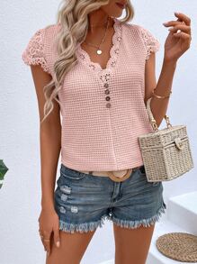 SHEIN VCAY Contrast Lace Waffle Knit Scallop Trim Tee - Pink - View 5