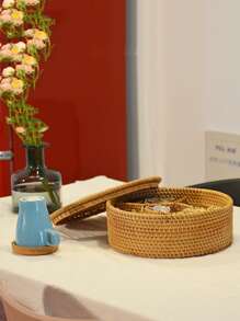 1 hộp lưu trữ đồ ăn nhẹ bằng tre, hộp lưu trữ thiết kế bện cho gia đình - Màu Khaki - Xem 3