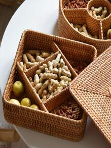 1 hộp lưu trữ đồ ăn nhẹ bằng tre, hộp lưu trữ thiết kế bện cho gia đình - Màu Khaki - Xem 8