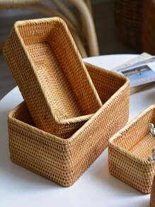 1pc Bamboo Storage Basket, Desktop Storage Basket For Home - Khaki - View 1
