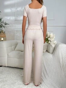 Tương phản ren xếp nếp bán thân xà lách trang trí PJ Set / Pajama Set - Màu be - Xem 2
