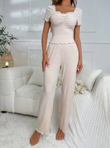 Tương phản ren xếp nếp bán thân xà lách trang trí PJ Set / Pajama Set - Màu be - Xem 4